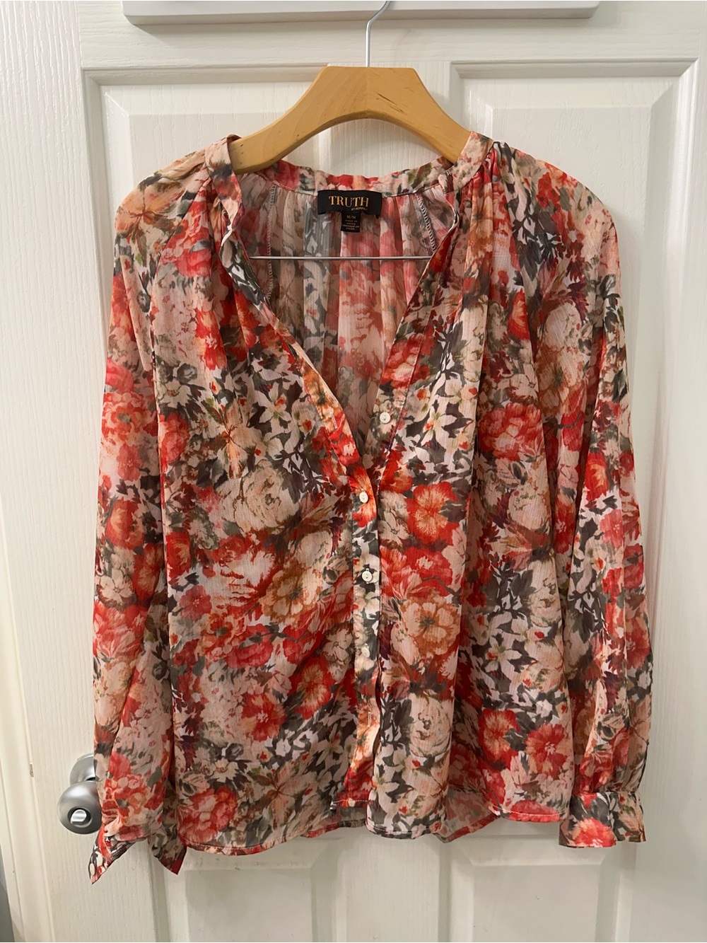 TRUTH Coral and Cream Floral Button-Front Blouse